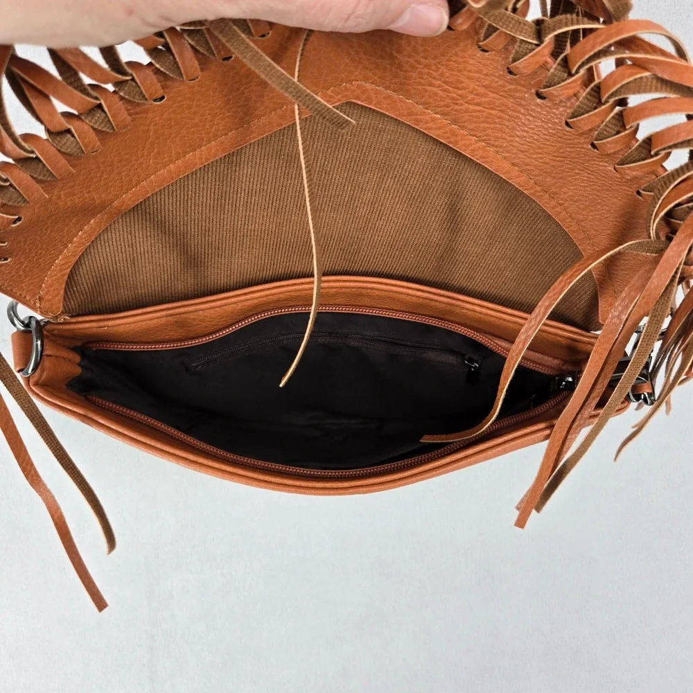 Faux Leather Fringe Crossbody Bag Western Boho Purse Like New Condition